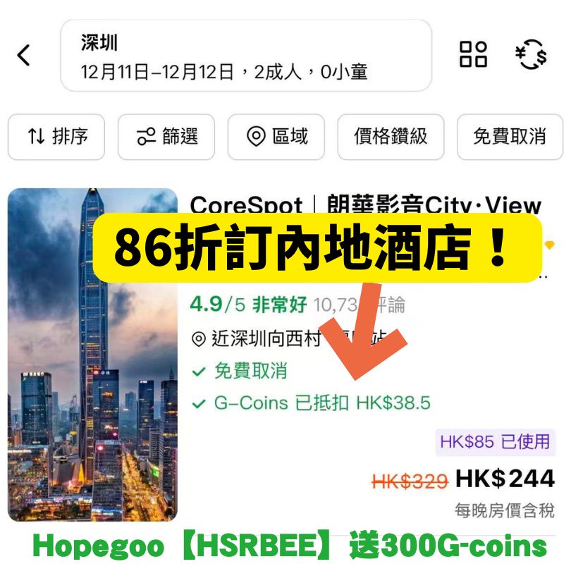 【Hopegoo優惠碼2026年3月】輸入優惠碼「HSRBEE」一次拎北上高鐵/跨境巴士/酒店/sim卡優惠 8 hopegoo酒店優惠